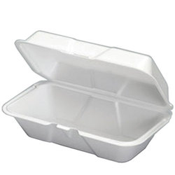 Hinged Carry-Out Container, White, Foamed Polystyrene, Easy Front Tab Closure, 9-1/2 x 5-1/4 x 3-1/2in, 21900