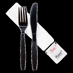 PS Cutlery Kit with Fork, Knife, Salt & Pepper, 10 in x 17 in Napkin, Extra Heavy, Black