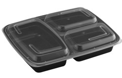 PP Rectangular Combo Container, 3-Compartment, 39 oz, Black Base, Clear Lid