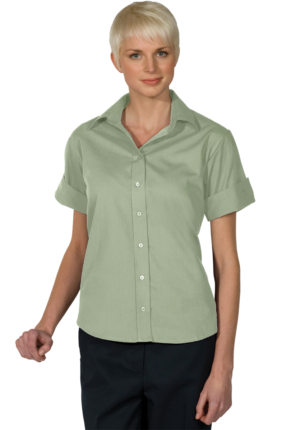 Women's Open Neck Poplin Short Sleeve Blouse 5245