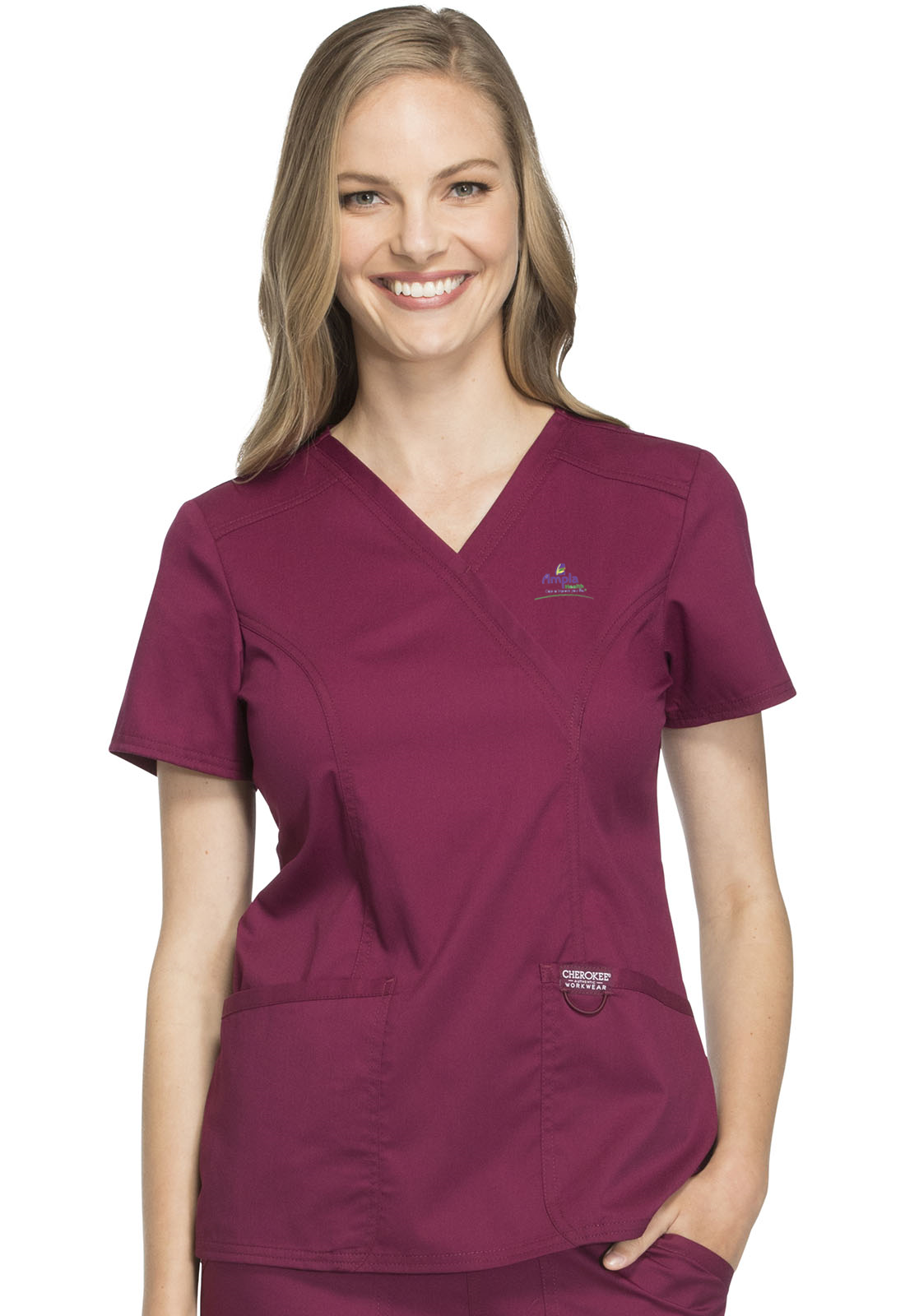 Cherokee Workwear Revolution - Wine Mock Wrap Top WW610